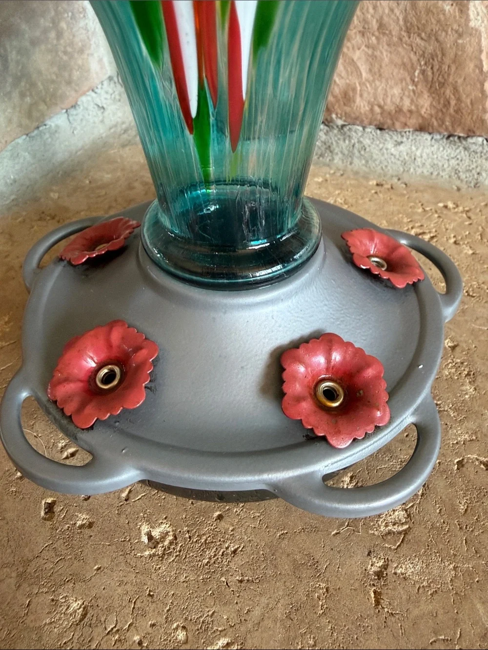 Hand-Blown Teal Glass Hummingbird Feeder with Multicolor Swirl